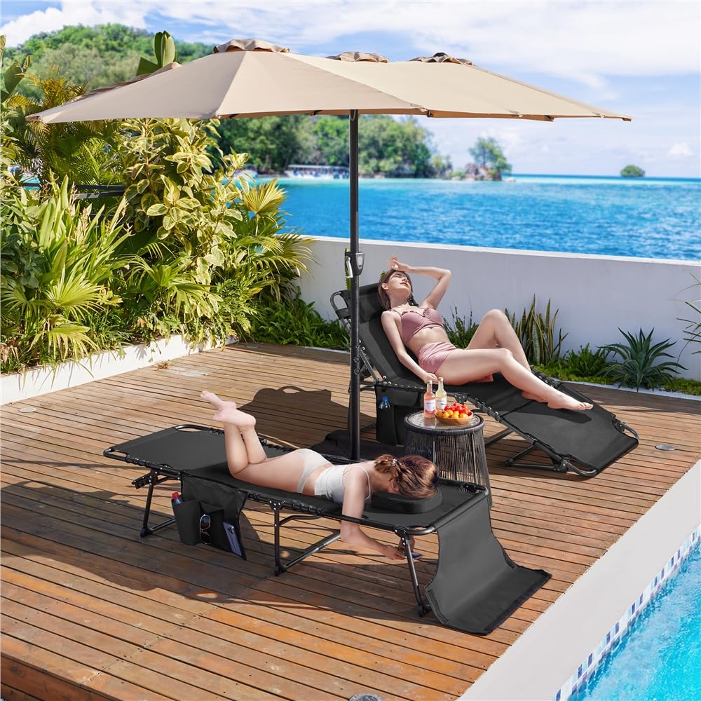 Yaheetech Lettino da Spiaggia Pieghevole Materasso Spesso 5 Regolazioni Tasca Laterale Giardino Campeggio Portata 136 kg 189 5 x 67 x 35 cm Nero
