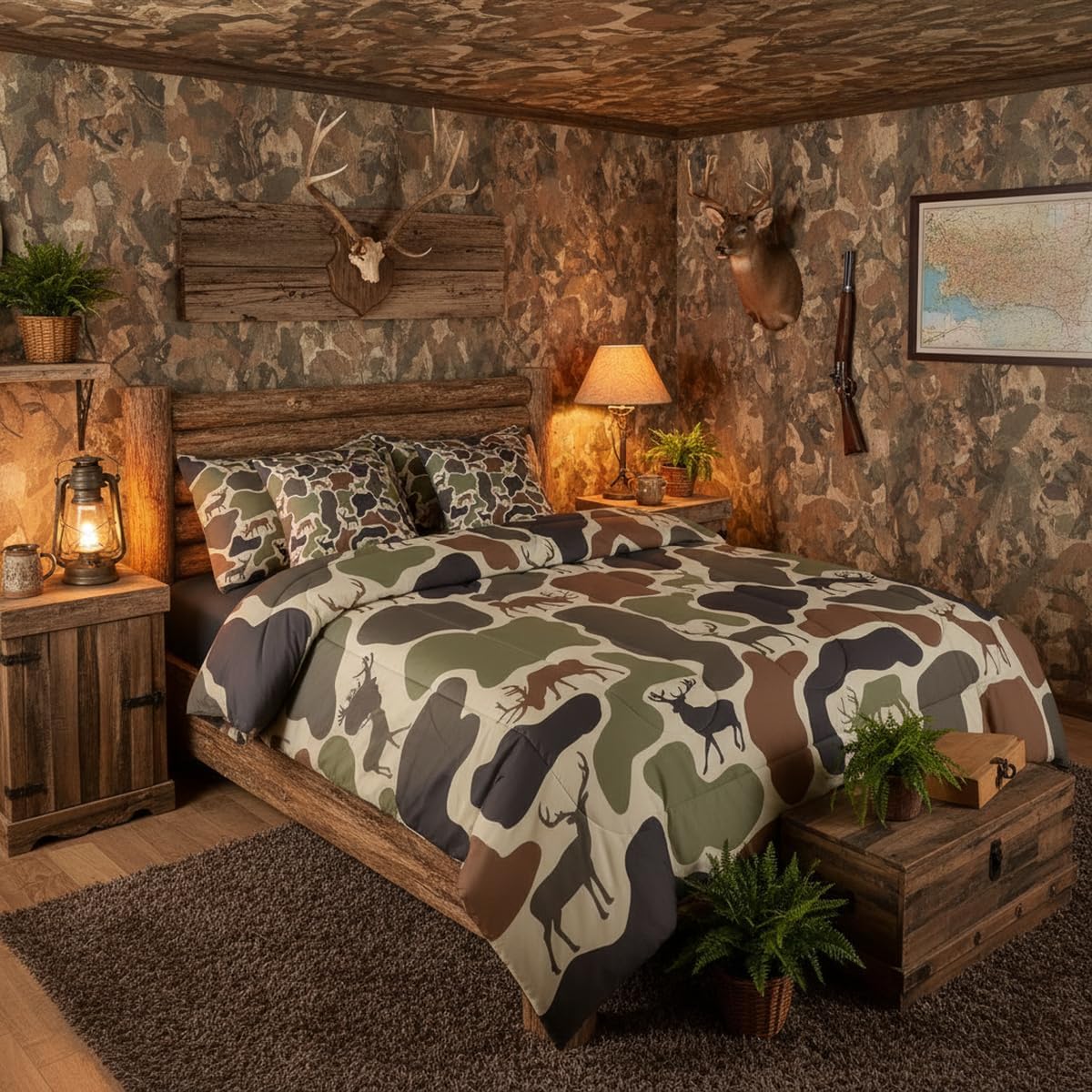 Erosebridal Camo Deer Comforter Set 7 Pcs Camouflage Hunting Deer Bedding Set King Green Military Army Camo Bed in A Bag for Kids Adults Country Hunter Wildlife Sheet Set with Comforter