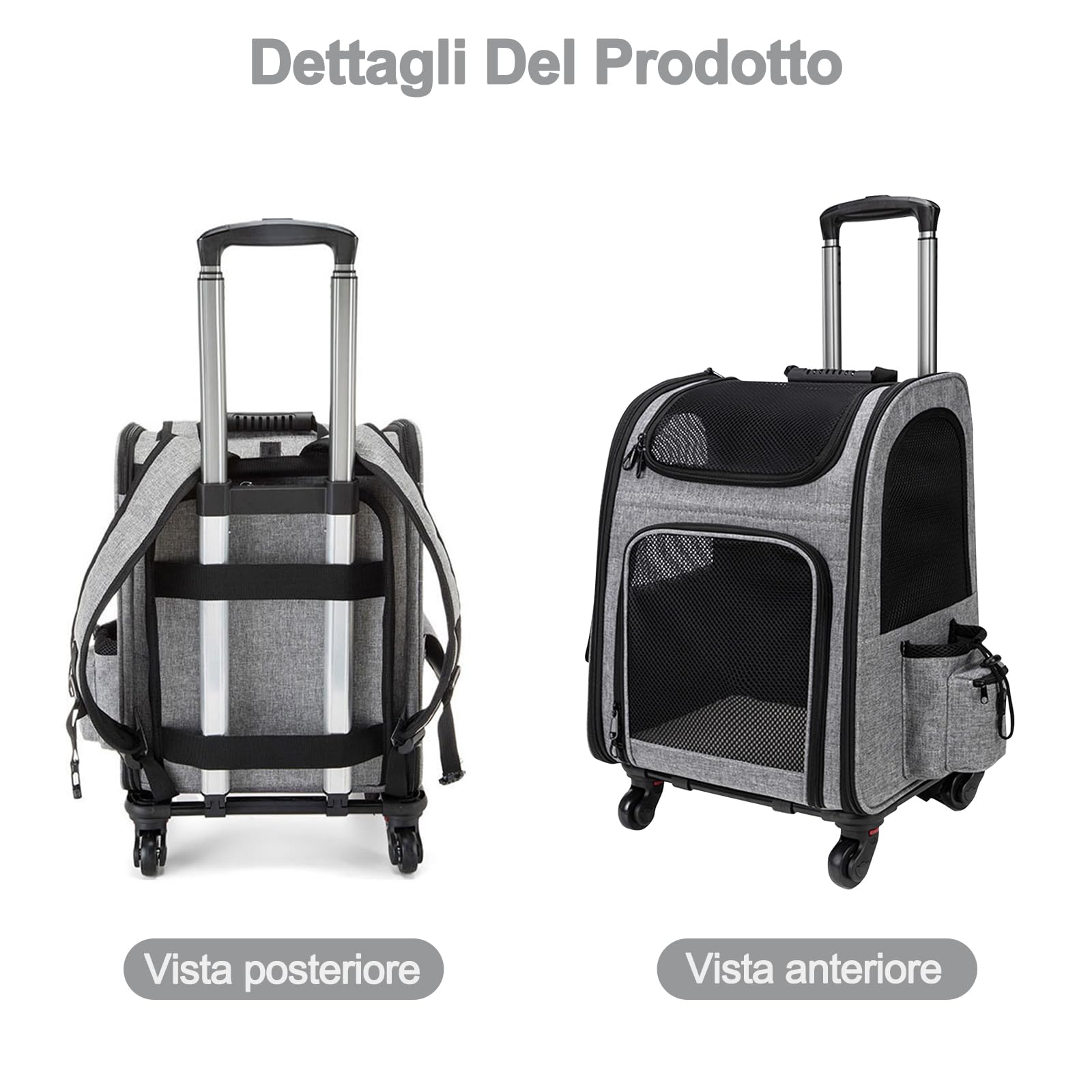 Galatée Passeggino Per Animali Domestici, Zaino Per Cani Con Ruote Rimovibili, Zaino Per Cani Approvato Dalla Compagnia Aerea, Borsa Da Viaggio Con Finestre Di Ventilazione In Rete(Grigio)