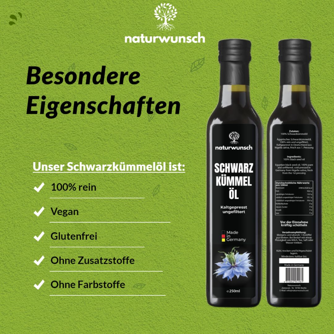 naturwunsch Olej z czarnuszki, 2 x 250 ml (500 ml), niefiltrowany, tłoczony na zimno, świeży z Niemiec, satywa z czarnuszki, 100% czysty