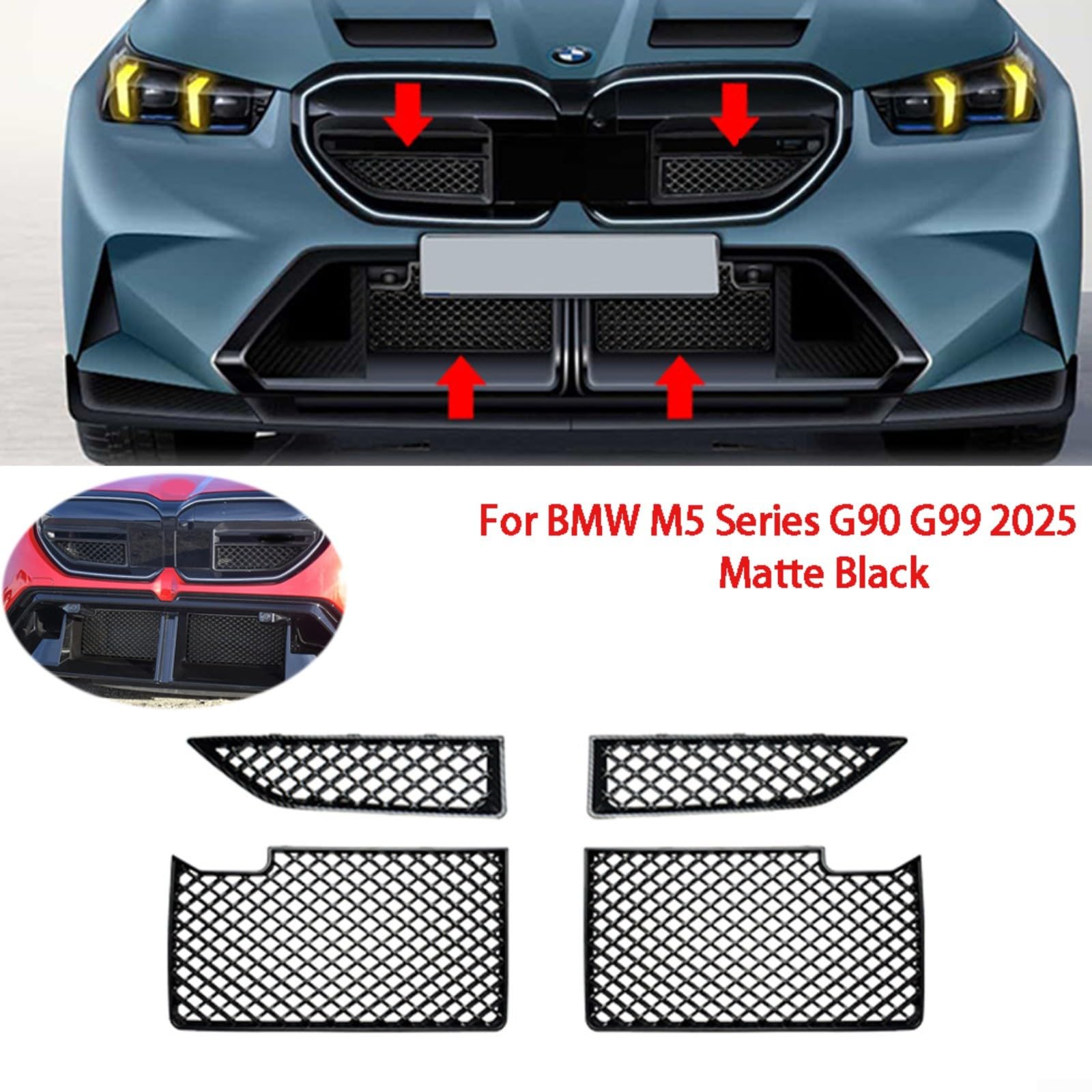 Grille de protection en maille pour pare-chocs avant, pour BMW M5 G90 G99 2025, ABS noir mat, garniture d'admission d'air