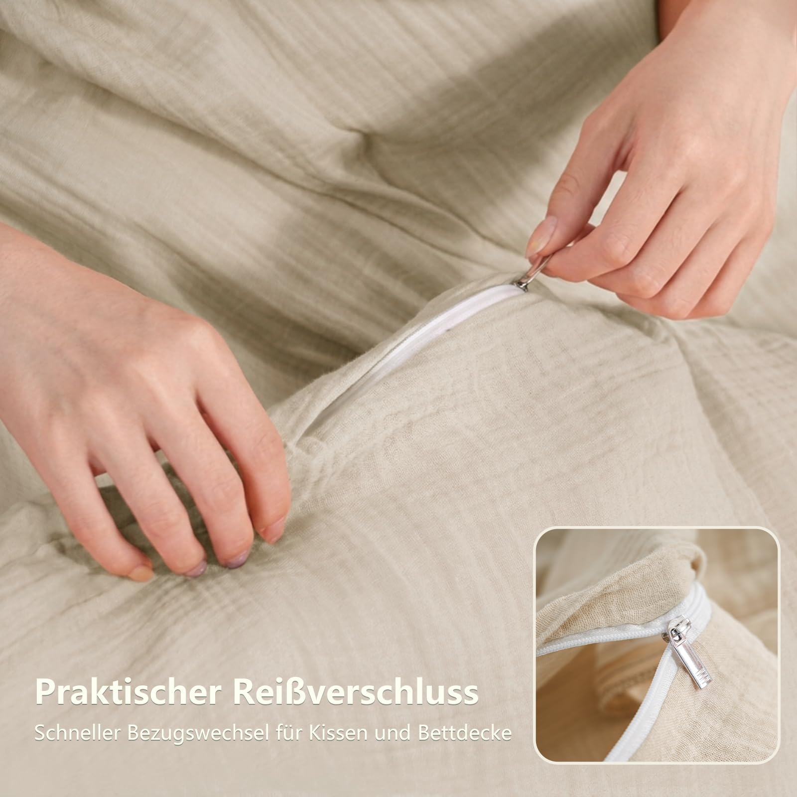 RUIKASI Musselin Bettwäsche 135x200 4teilig - Oeko-TEX Baumwolle Bettwäsche-Sets Beige mit Reißverschluss, atmungsaktive Sommer Bettbezug mit 2 Kissenbezüge 80x80 cm