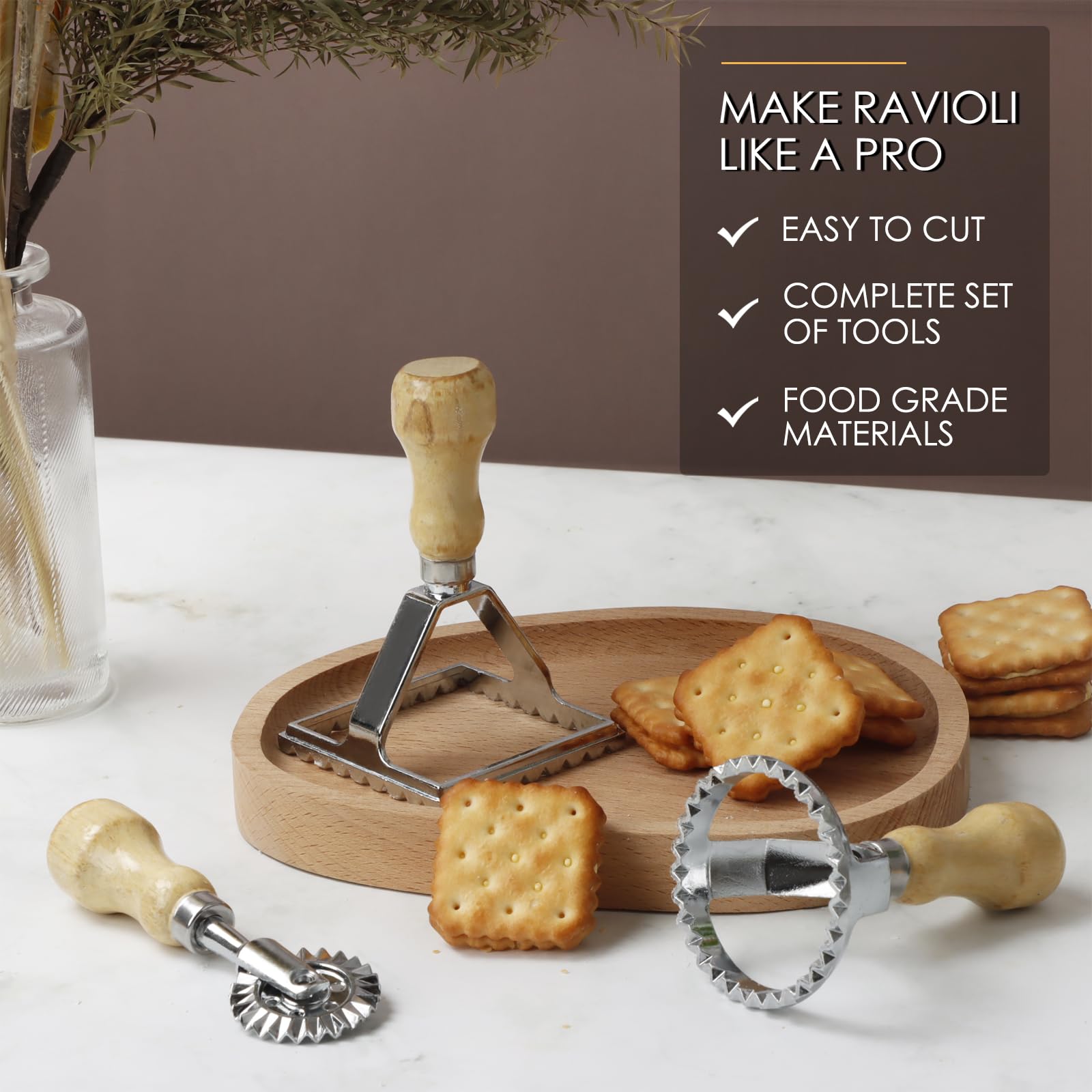 Ravioli - Cortador de sellos con juego de ruedas de rodillo, molde con mango de madera y borde estriado, accesorio de cocina para prensa de pasta, juego de 4
