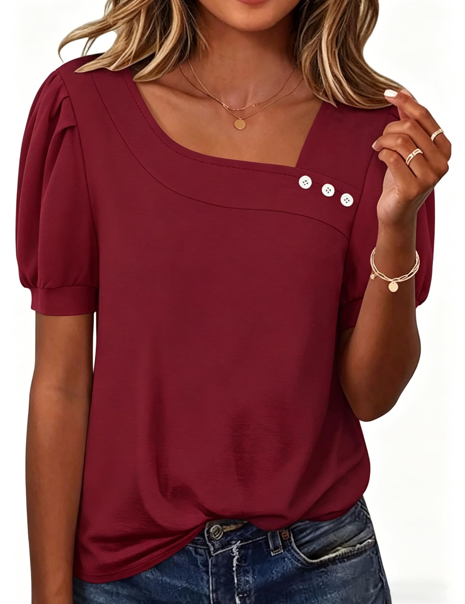 Rapbin Bluse Damen Kurzarm Oberteile Elegant Asymmetrischem Ausschnitt T-Shirt Sommer Button Blusenshirt Casual Top from S to XXL