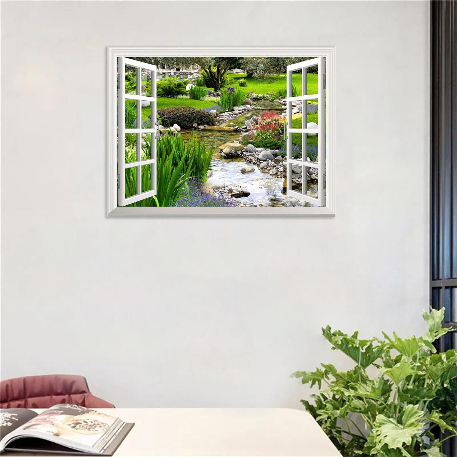 MOBYAT Gefälschte Fensterbilder,Wandbild,klarer Frühling und grünes Gras aus dem offenen Fenster,kreative Wanddekoration,105 x 70 cm (41 x 28 Zoll) Innenrahmen