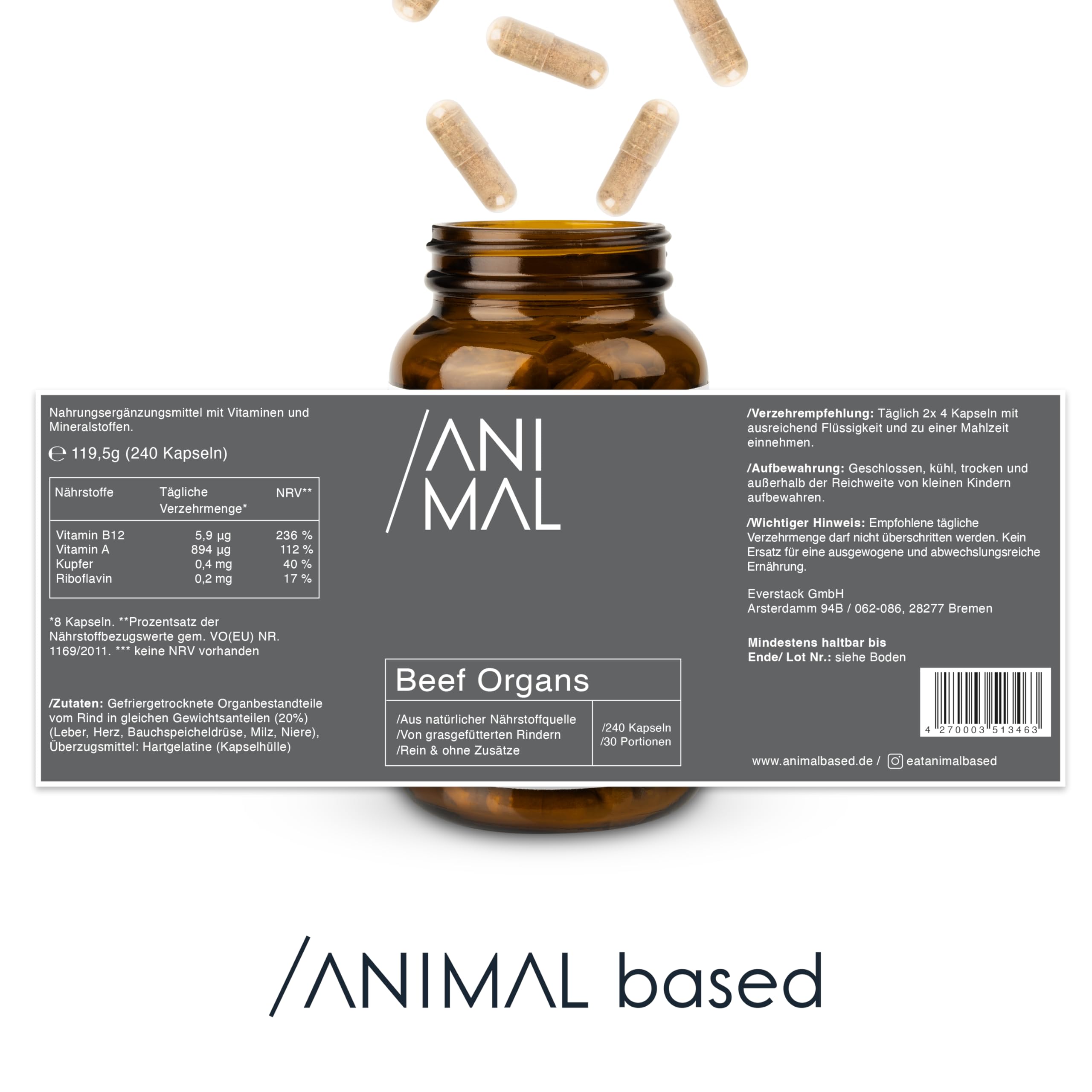 Multivitamin aus Rinderorganen [240 Kapseln] – Leber, Herz, Niere, Milz, Bauchspeicheldrüse – natürliche Quelle für Eisen, Kupfer, Vitamin A (Retinol), B12 & Riboflavin – aus Weidehaltung