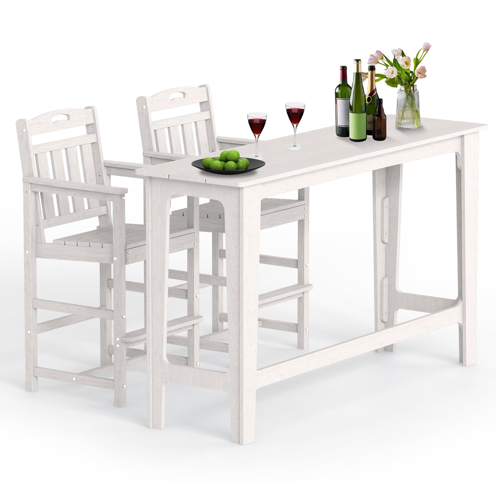 Ciokea 3-Pcs Outdoor Bar Table Set, 60" Extra Long Rectangle High Top Table and 2 Oversized Adirondack Chairs Set, Heavy-Duty All-Weather HDPE Patio Bar Set for Backyard Balcony Deck, White
