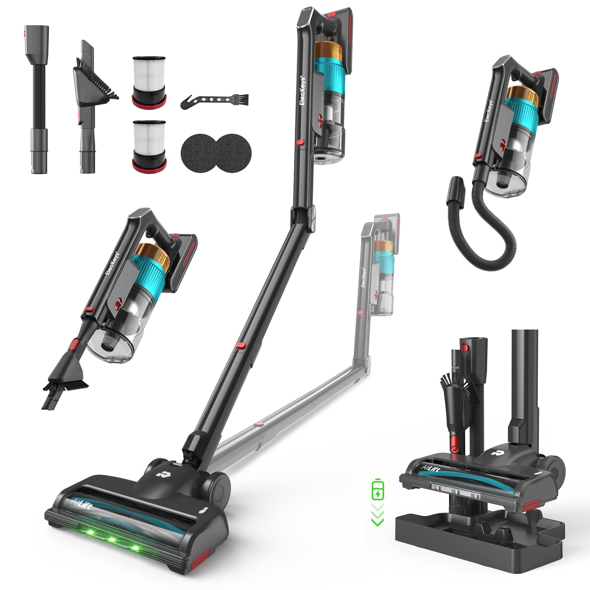 ElecKeys Akku Staubsauger 55000Pa/650W/65Min, Staubsauger Kabellos mit Lade-/Aufbewahrungsstation, Faltbar, Selbststehend, Anti-Tangle-Bürste, Akkustaubsauger für Tierhaare Teppiche Hartböden Auto