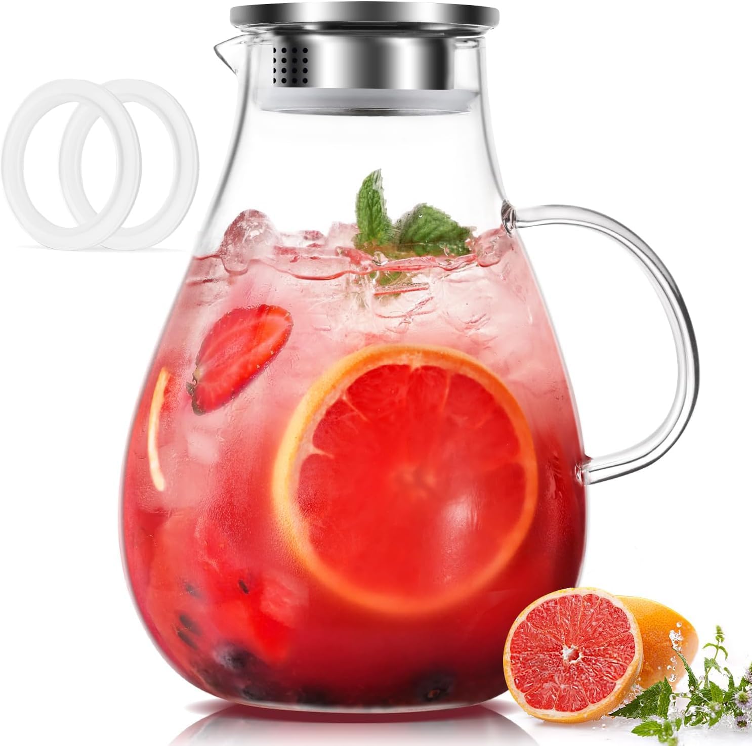 Femora Borosilicate Glass Jug 1.8L | BPA Free | Rust-Free Stainless Steel Lid | Heat & Thermal Shock Resistant | Ergonomic Handle | for Juice, Water, Cocktail, Beverage | Pack of 1