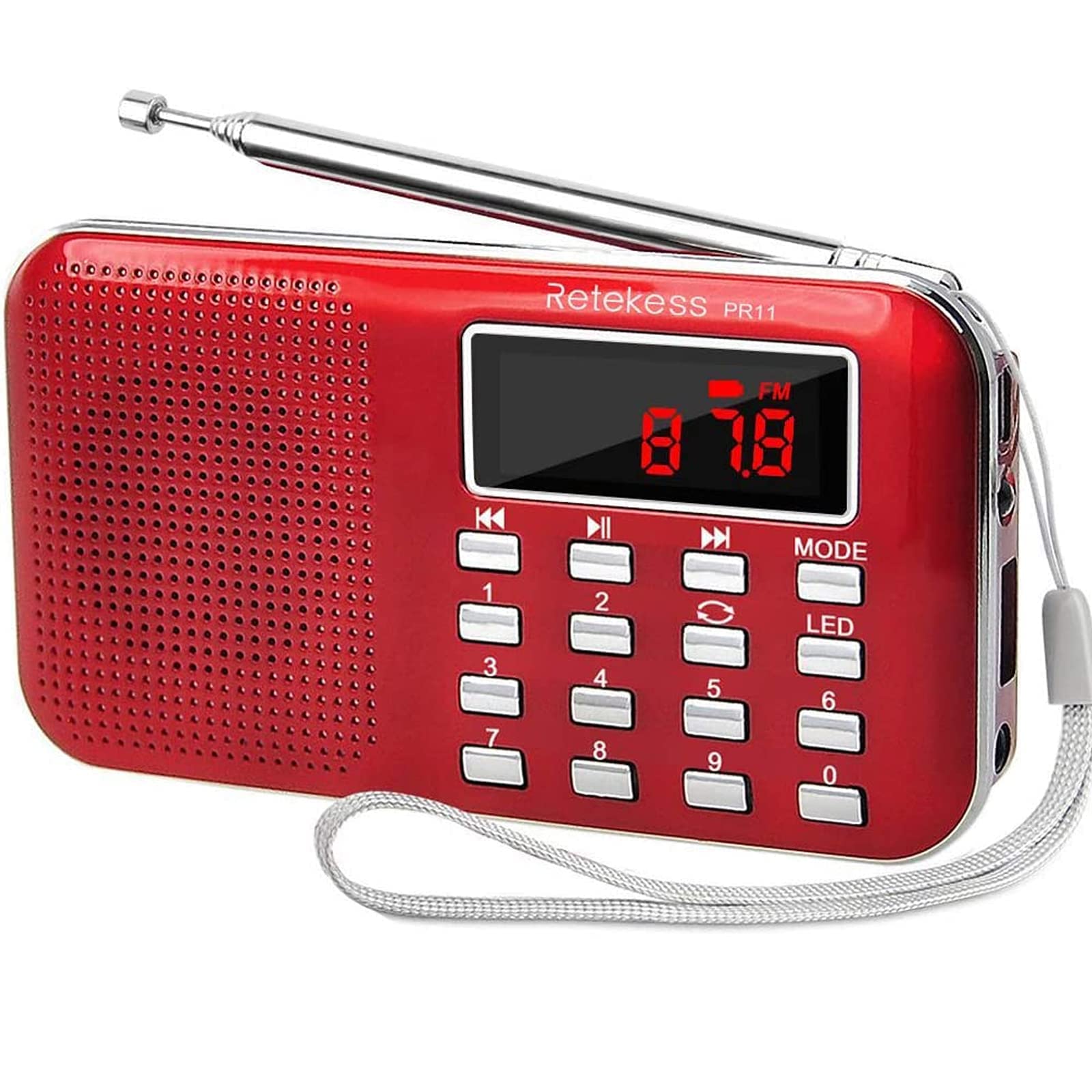 Retekess PR11 Mini Radio Portatile, Radio FM AM, con Altoparlanti, Display LCD, Batteria Ricaricabile, Radiolina Tascabile Supporta unità USB, Scheda TF, AUX (Rosso)