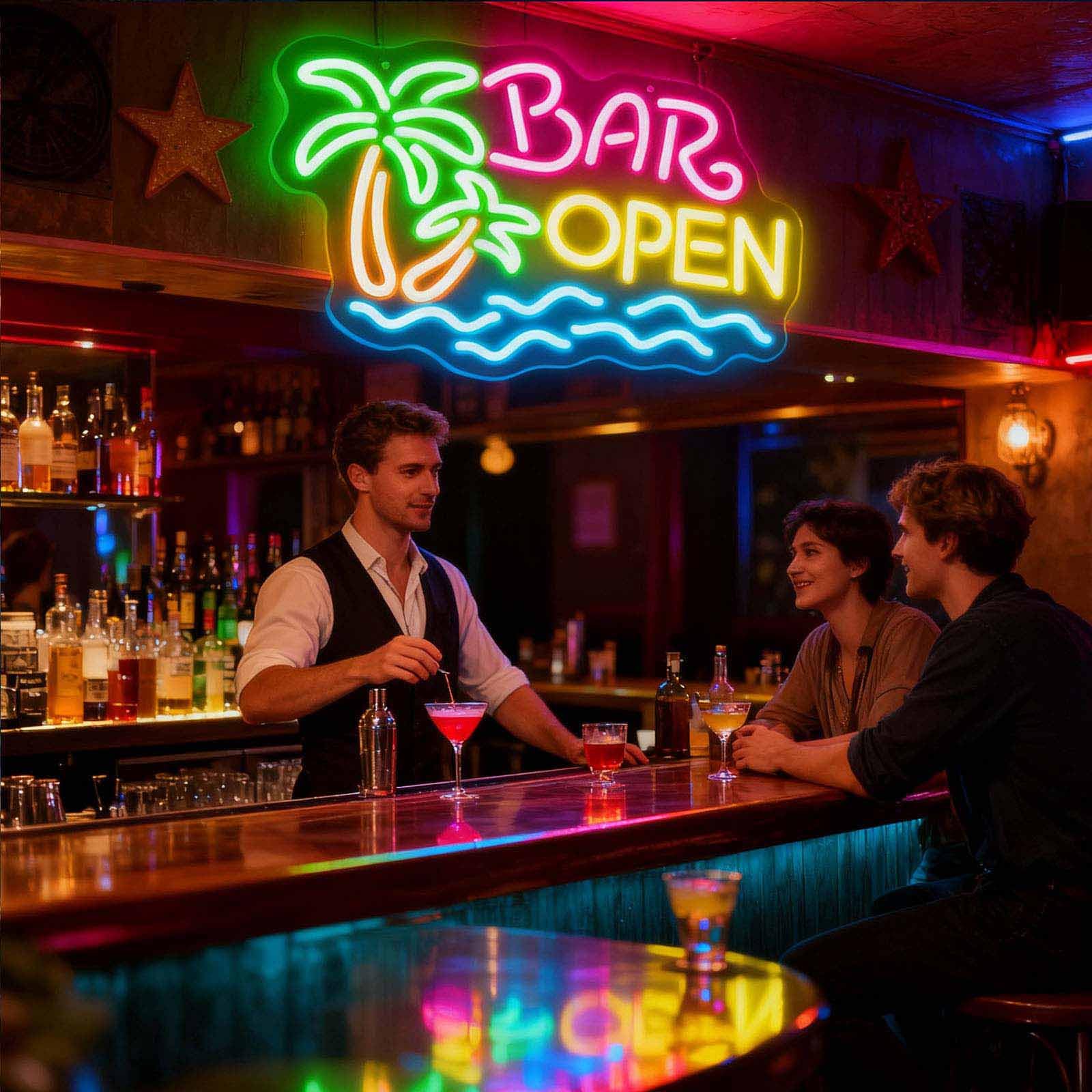BAR OPEN neonowy znak, z możliwością przyciemniania, intensywność światła, palma i fala, dekoracja USB, dekoracja do domu, baru, na imprezę, z wiszącym łańcuszkiem (zielony + pomarańczowy + różowy +