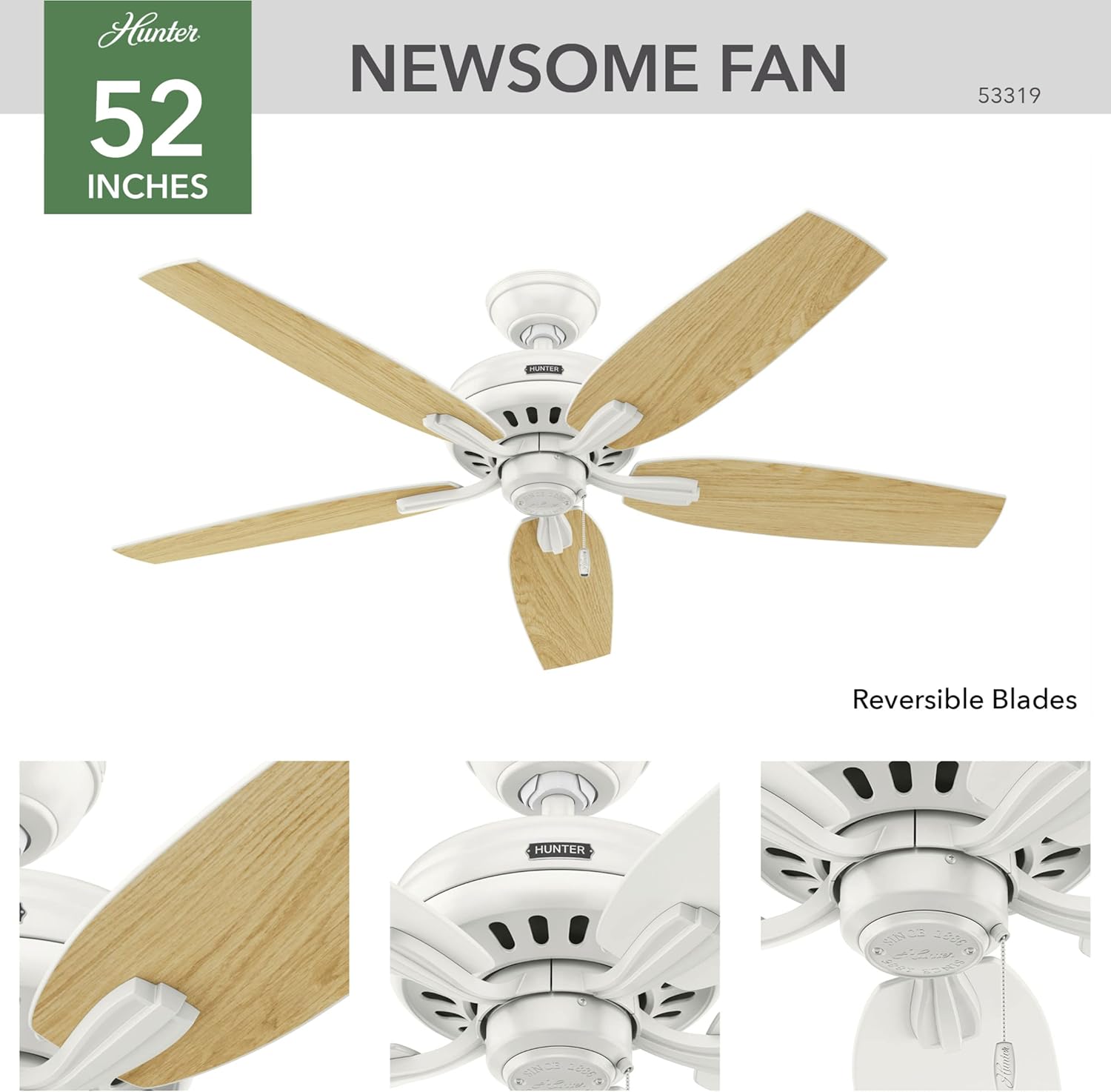 Hunter Newsome Fan with reversible blades, showing light oak side