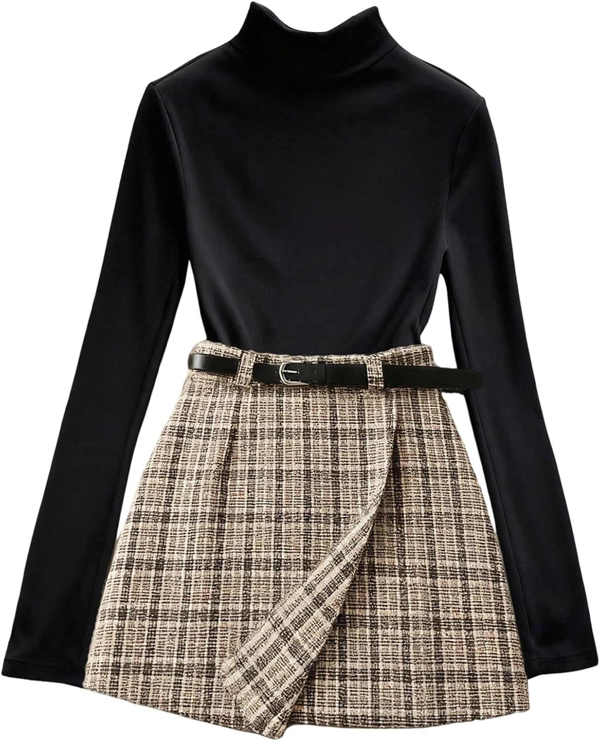 WDIRARA Women's 2 Piece Outfits Mock Neck Long Sleeve Top and Plaid Skirts - Image 2