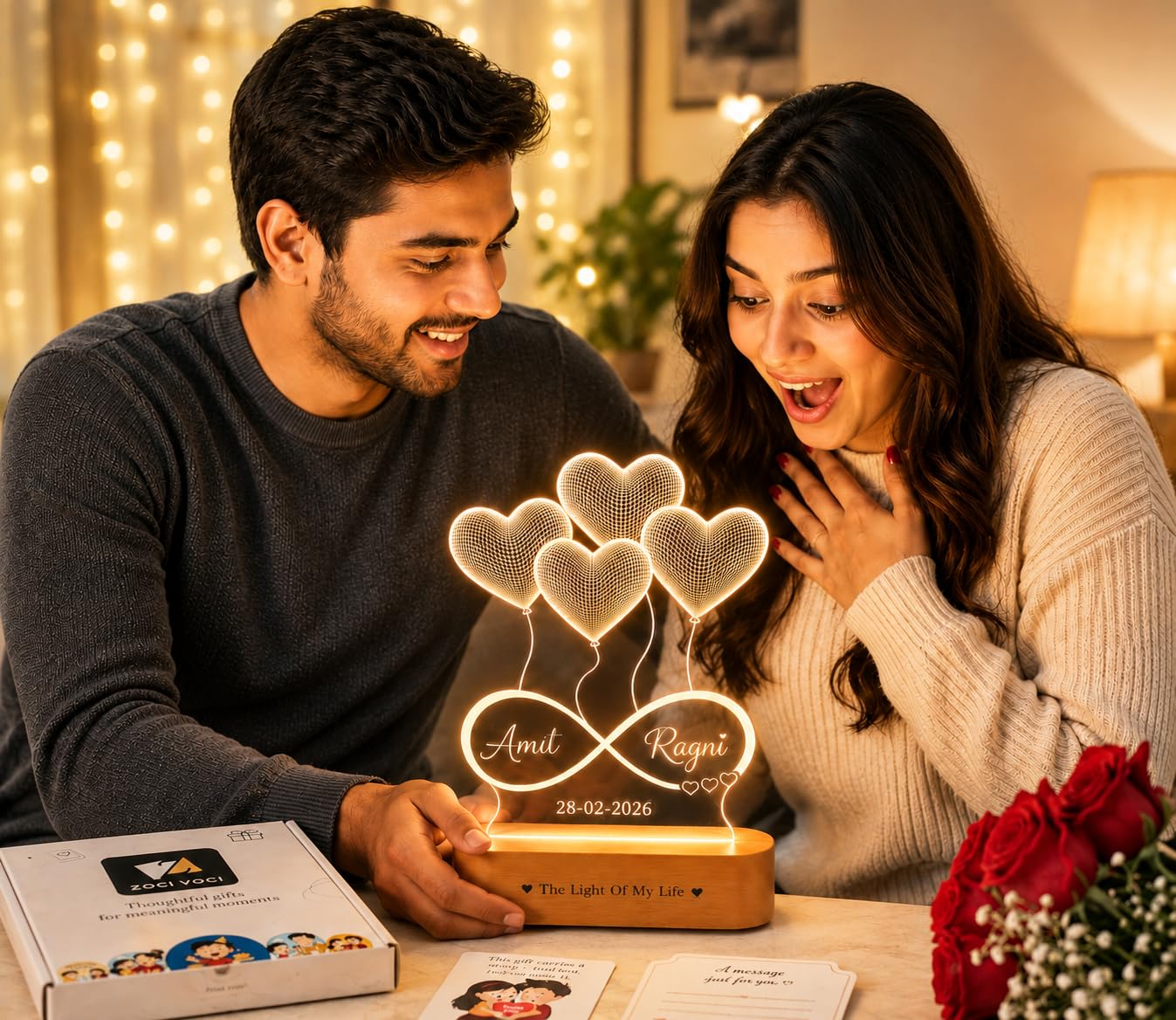 ZOCI VOCI Personalized Lamp for Couples with Custom Name & Date Engraving, 3D Illusion Heart Lamp, Romantic Gift for Wife & Husband, Wedding, Anniversary & Engagement