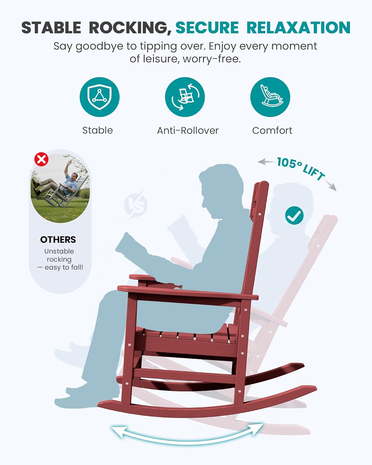 SERWALL Oversized Outdoor Rocking Chair, All-Weather Patio Rocking Chair, HDPE Porch Rocker for Adults, Red