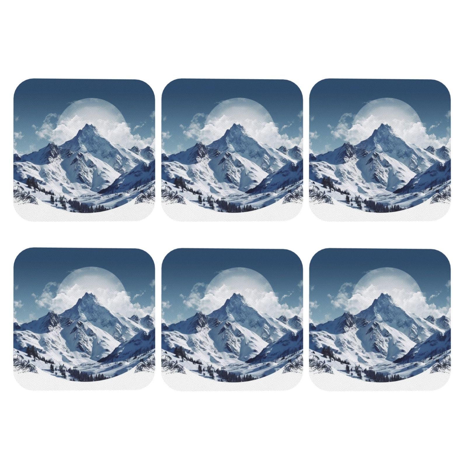 6pcs Leather Coasters for Drinks, Snow Mountain Drink Coasters for Tabletop Protection, 4" Cup Coasters for Coffee Table Decor, Non-Slip Drinking Cup Mat for Hot Or Cold Drink