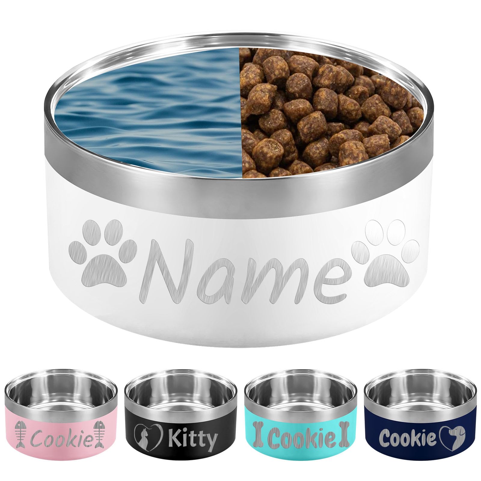 32OZ Personalized Dog Bowl Laser Engraved Custom Pet Name 18/32/42/64 oz No Slip Stainless Steel Insulated Bite-Resistant Food Water Dishes-White