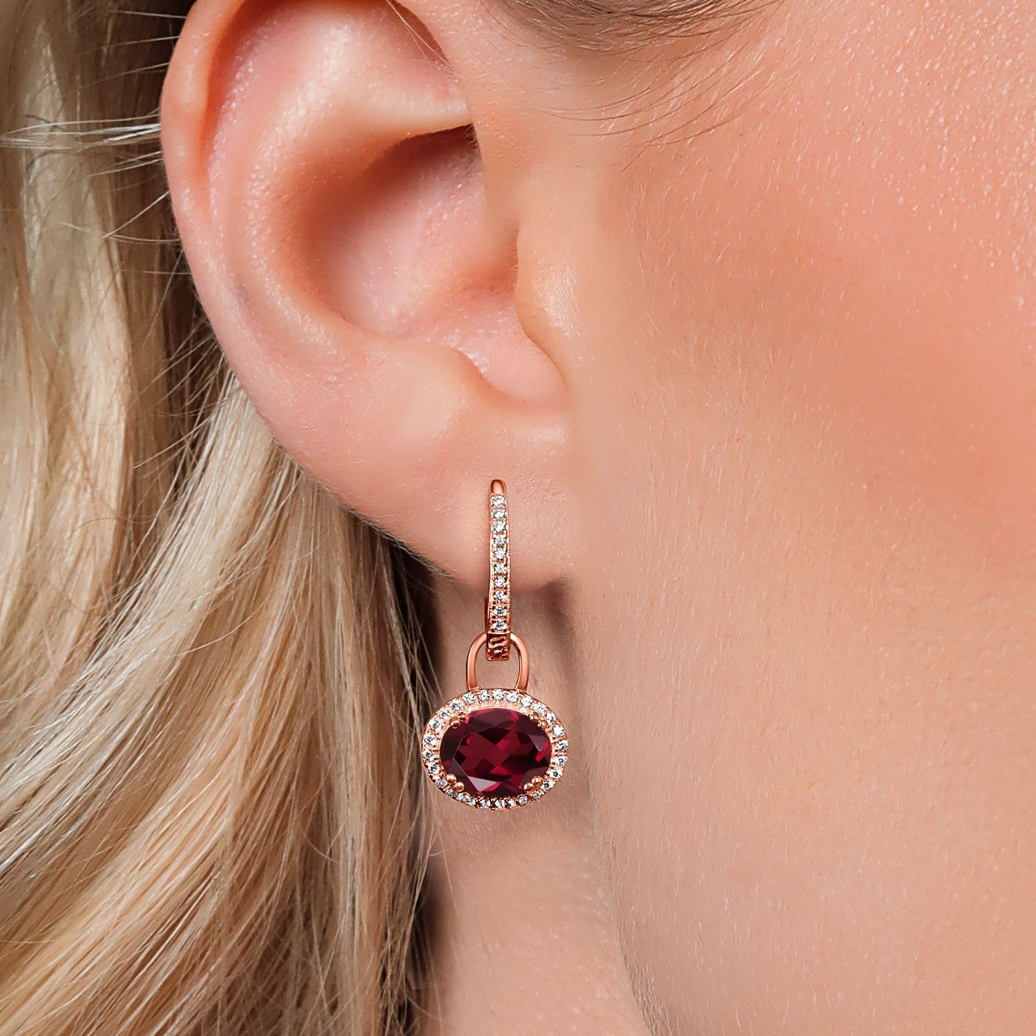 Gem Stone King 18K Rose Gold Plated Silver Gemstone Birthstone Halo Leverback Earrings | Oval 9X7MM | Drop Dangle Earrings for Women | Fine Jewelry Gifts for Her Mom Women Wife - Image 3