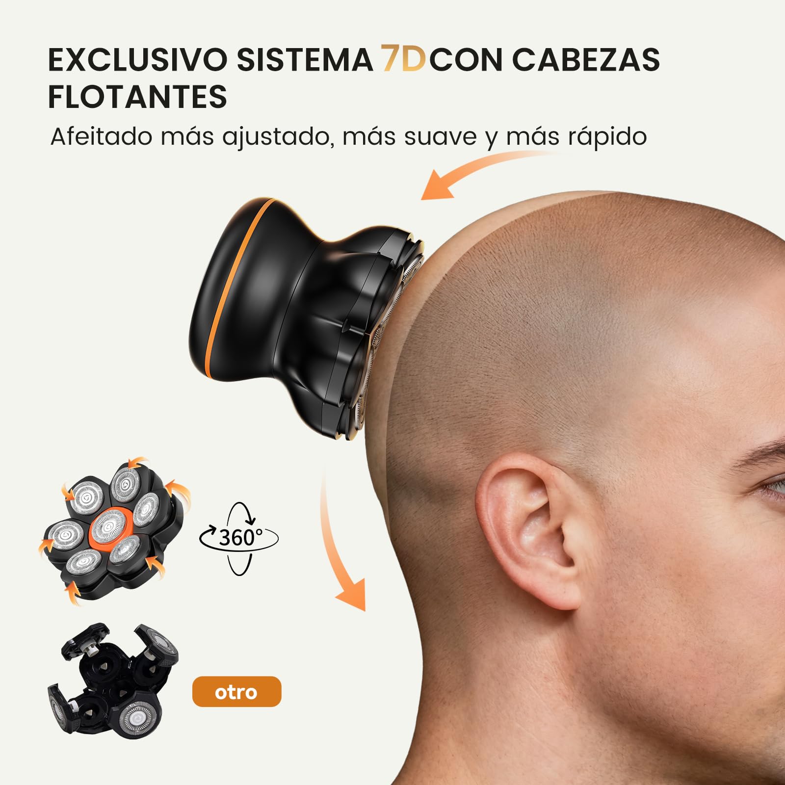 MAXGROOM Afeitadora Cabeza Hombre, Maquina Afeitar Hombre, Afeitadora para Calva en Seco y Húmedo, Batería de Larga Duración, 7 Cabezales, Magnético, 100% impermeable, Color Negro