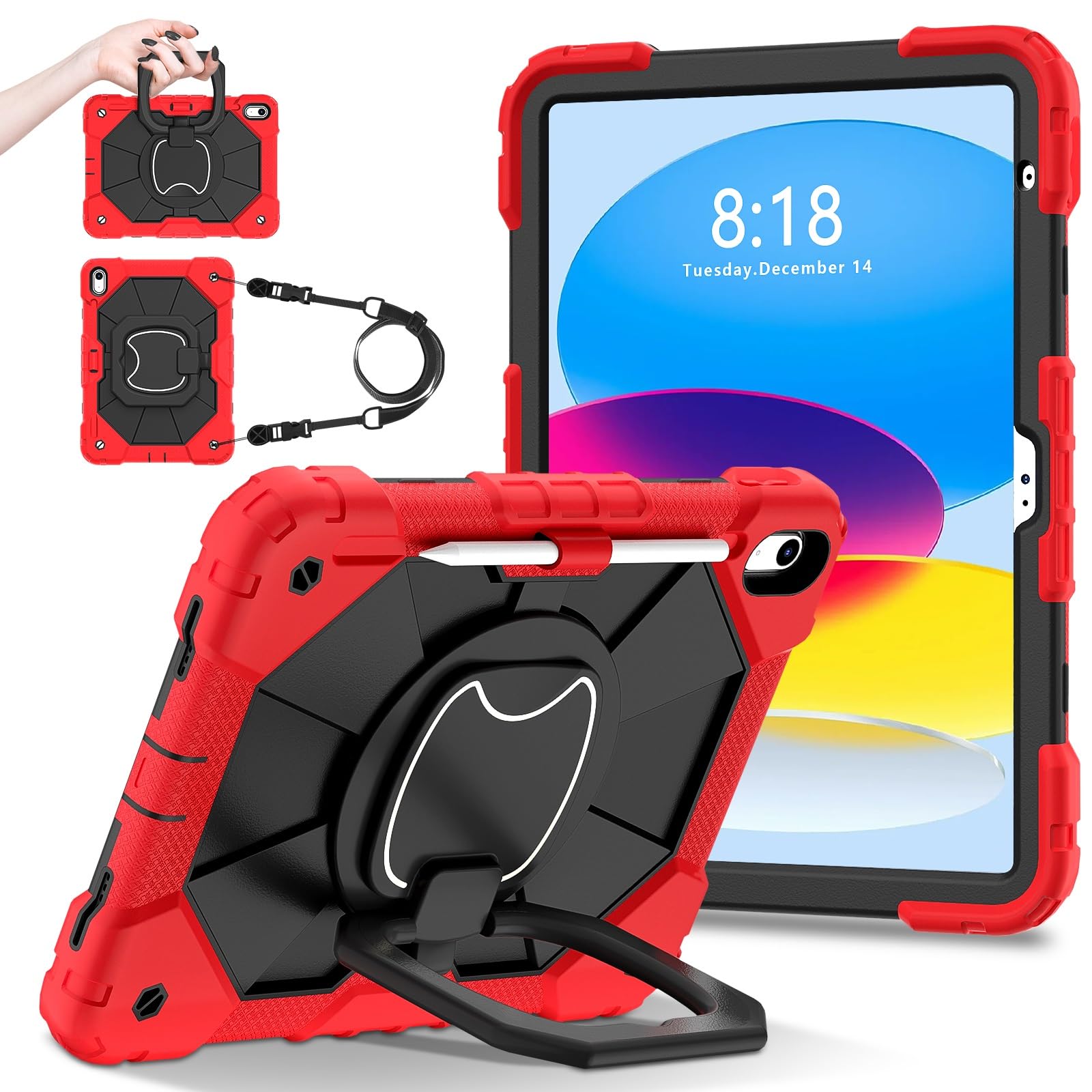 Custodia protettiva antiurto per iPad 12a (A19) 2026/11a (A16) 2025 11 pollici/10a generazione 10.9" 2022, robusta custodia protettiva con supporto girevole, maniglia pieghevole, tracolla, portapenne