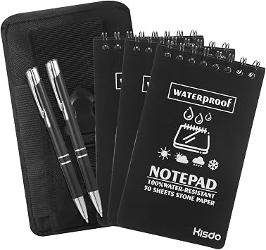 6 Pcs Waterproof Notepad, Set with 3 Waterproof Notebook, 1 Canvas Organizer and 2 All Weather Pen for Field Trip Record, Outdoor Activity RecordBlack
