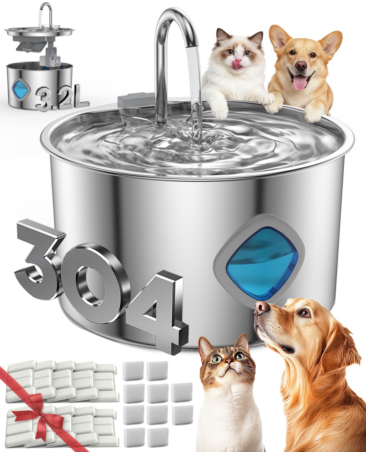 Vetiflow Dog Water Bowl, 3.2L Dog Water Fountain,Quad-Purification System and Continuous Circulating Water Flow,Stainless Steel Easy-to-Clean,Quiet