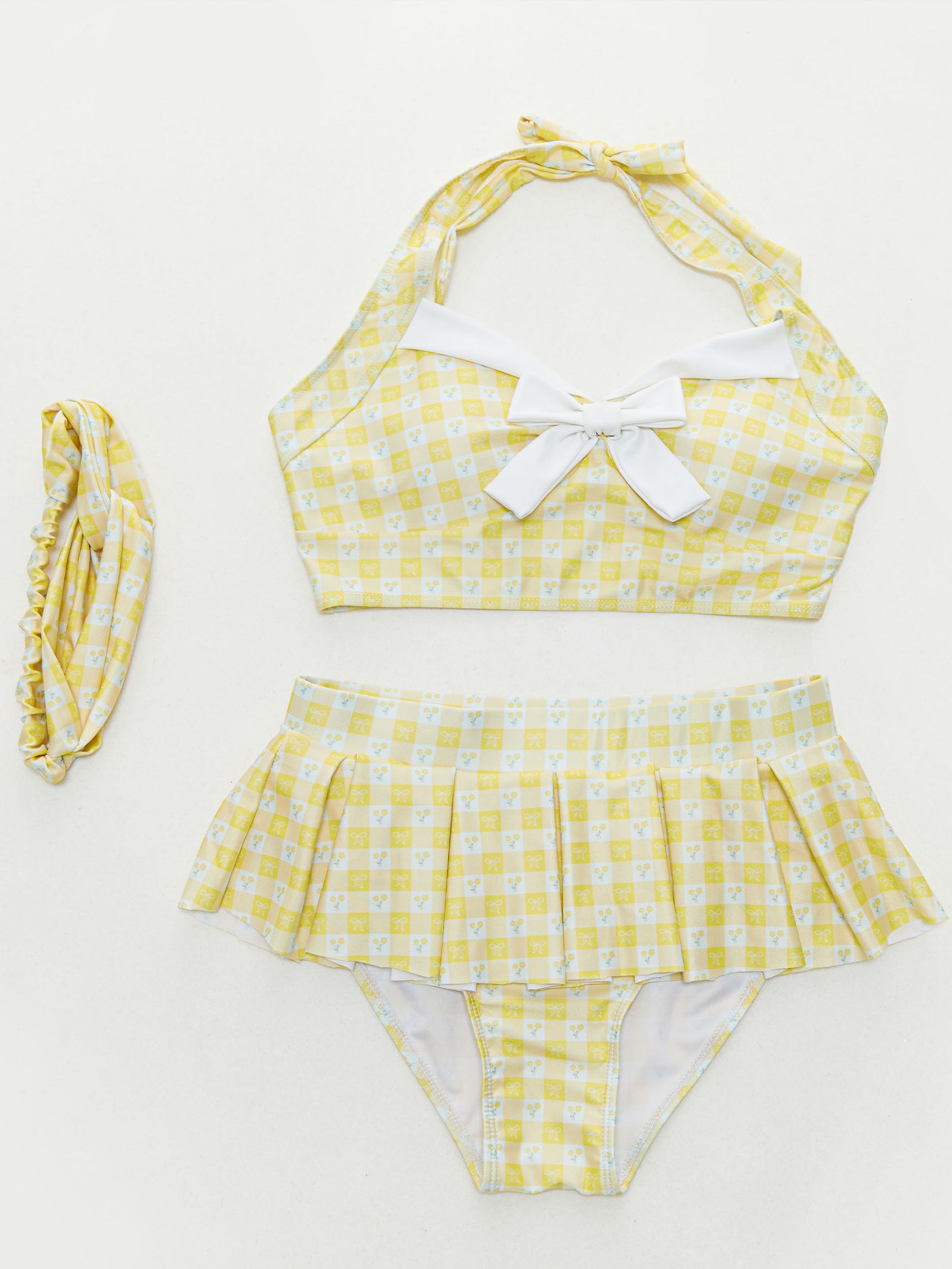 daizbella Women's Bikini Sets 50's Retro Vintage High Waist Plaid Self-Halter Bathing Suit with Headband: Yellow X-Large