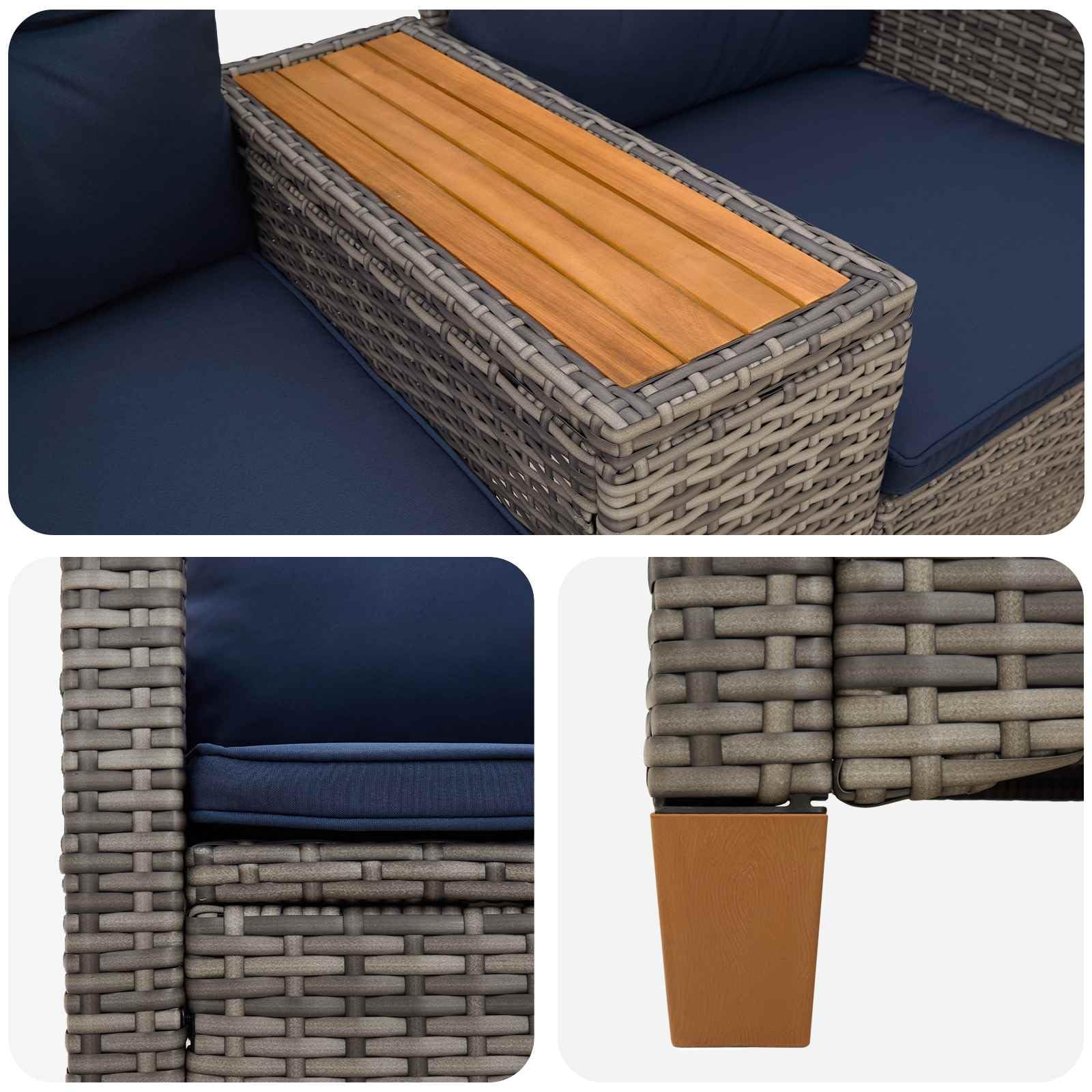 Gartenbank mit integriertem Tisch, Rattan-Optik Sitzbank mit Verstellbarer Rückenlehne, Poly-Rattan Liegebank für Terrasse und Garten, Grau und Marineblau, 126 x 65 x 112 cm