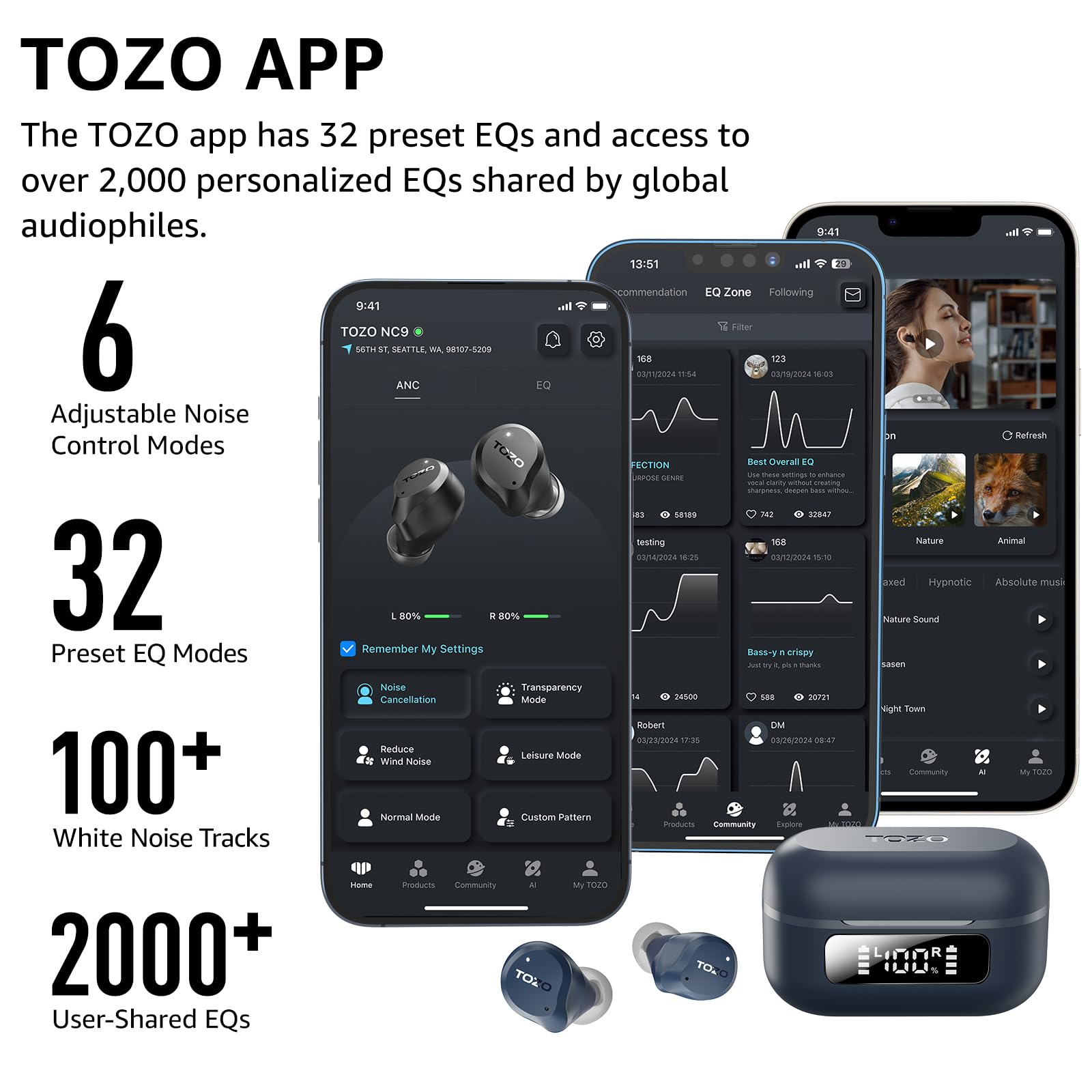 TOZO Hybrydowe bezprzewodowe słuchawki douszne z aktywną redukcją szumów, 6 mikrofonów ENC Clear Call, wodoodporność IPX8, słuchawki douszne Bluetooth 5.3, stereo, bas, 59 odtwarzania, z wyświetlaczem