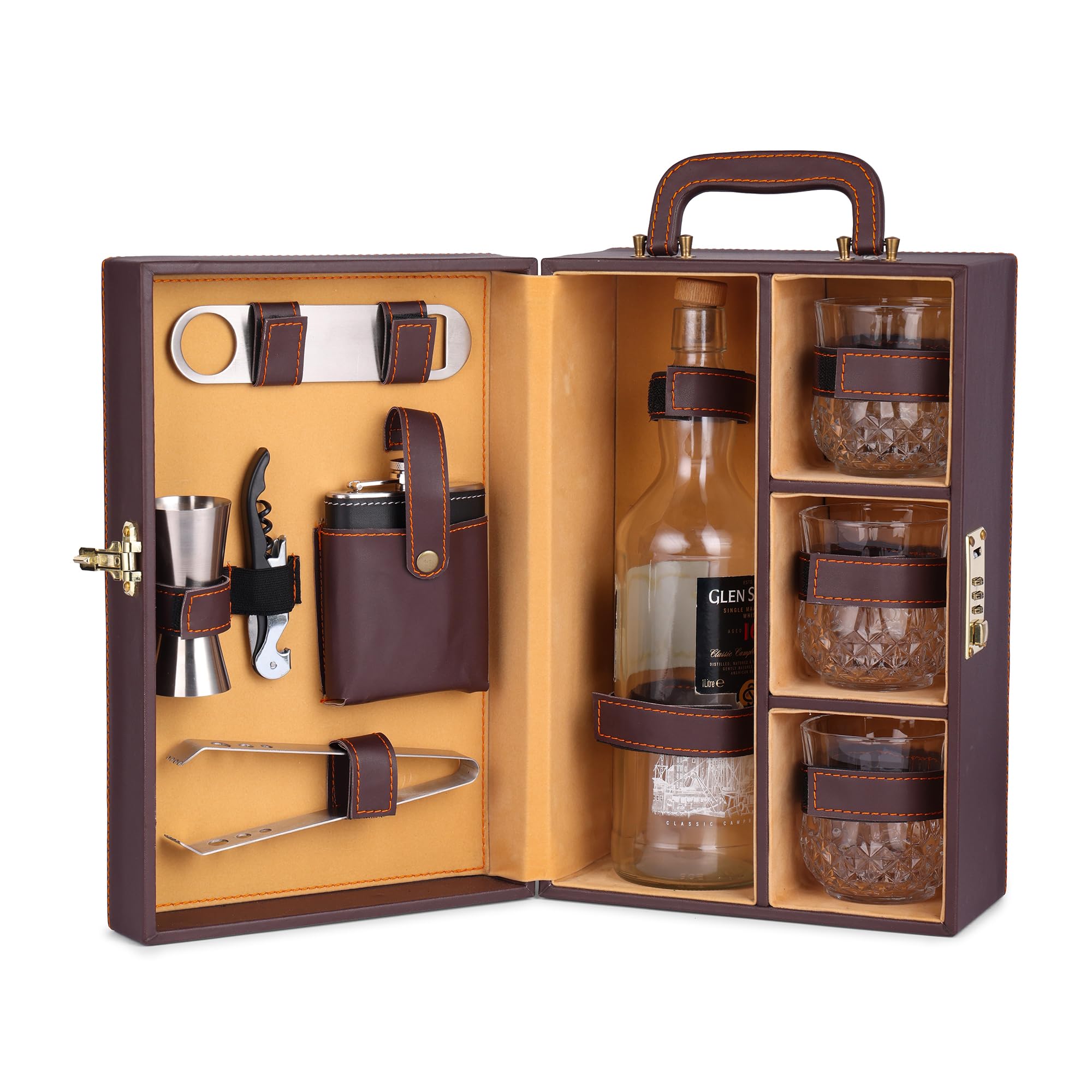 3 Glasses Brown Bar Set |Premium Set with Bottle Opener| Handy Portable Leatherette for car | Whiskey Glasses| Gift Item