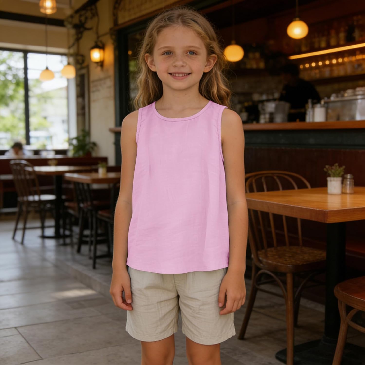 Girls' Linen Cotton Tank Tops Sleeveless Crew Neck Solid Casual Loose Fit Summer Shirts Breathable Basic Daily Wear