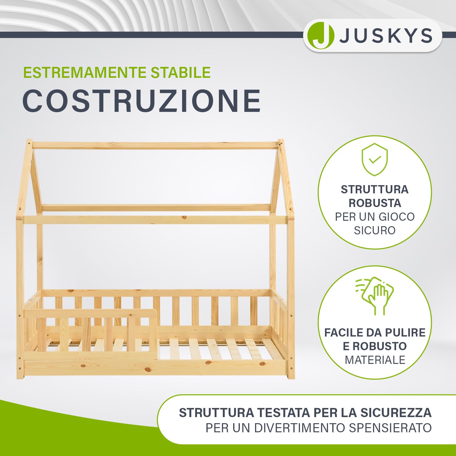 Juskys letto per bambini Marli da 80x160 cm con protezione anticaduta, rete a doghe e tetto - Letto a casetta in legno massiccio per bambini - Colore naturale