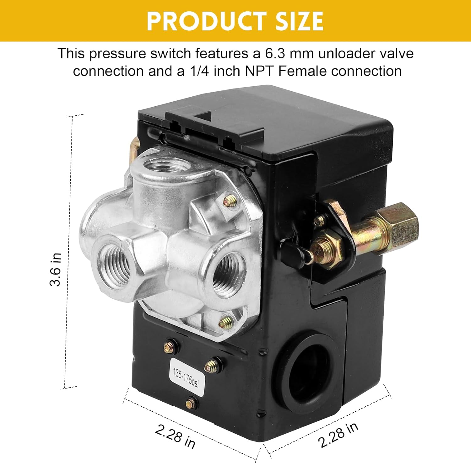 Air-Compressor Pressure Switch 135-175 psi 4 Port 26 Amp 220V, with Adjustable Unloader and Relief Valve