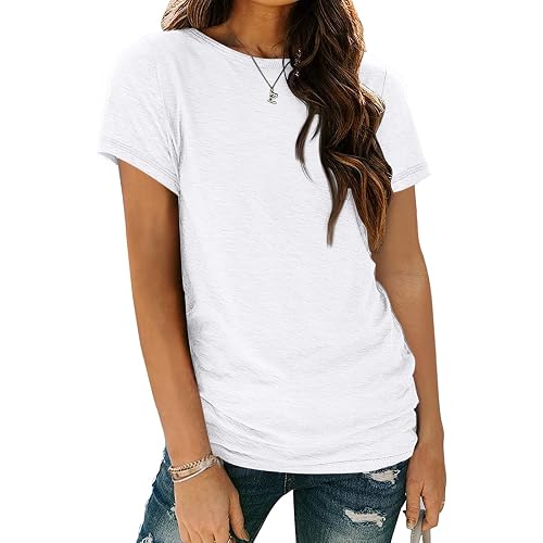 AUTOMET Women's Casual Shirt Soft Short Sleeve Round Neck Spring Summer Tops