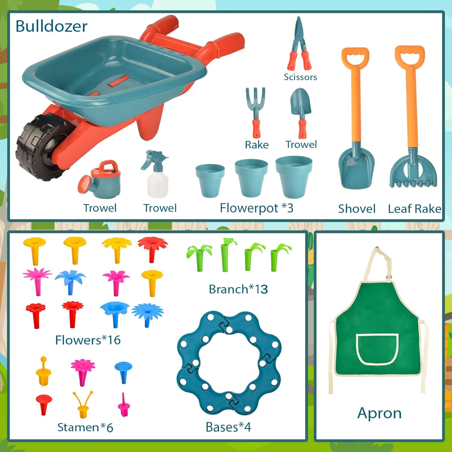 unanscre Gardening Tool Set for Kids, with Toddler Wheelbarrow, Watering Can, Spray Bottle, Double Rake, Shovel, Trowel, Pruner, Flowers Kit, Apron, Pretend Play Garden Toys for Age3+ Outdoor Yard : Toys & Games