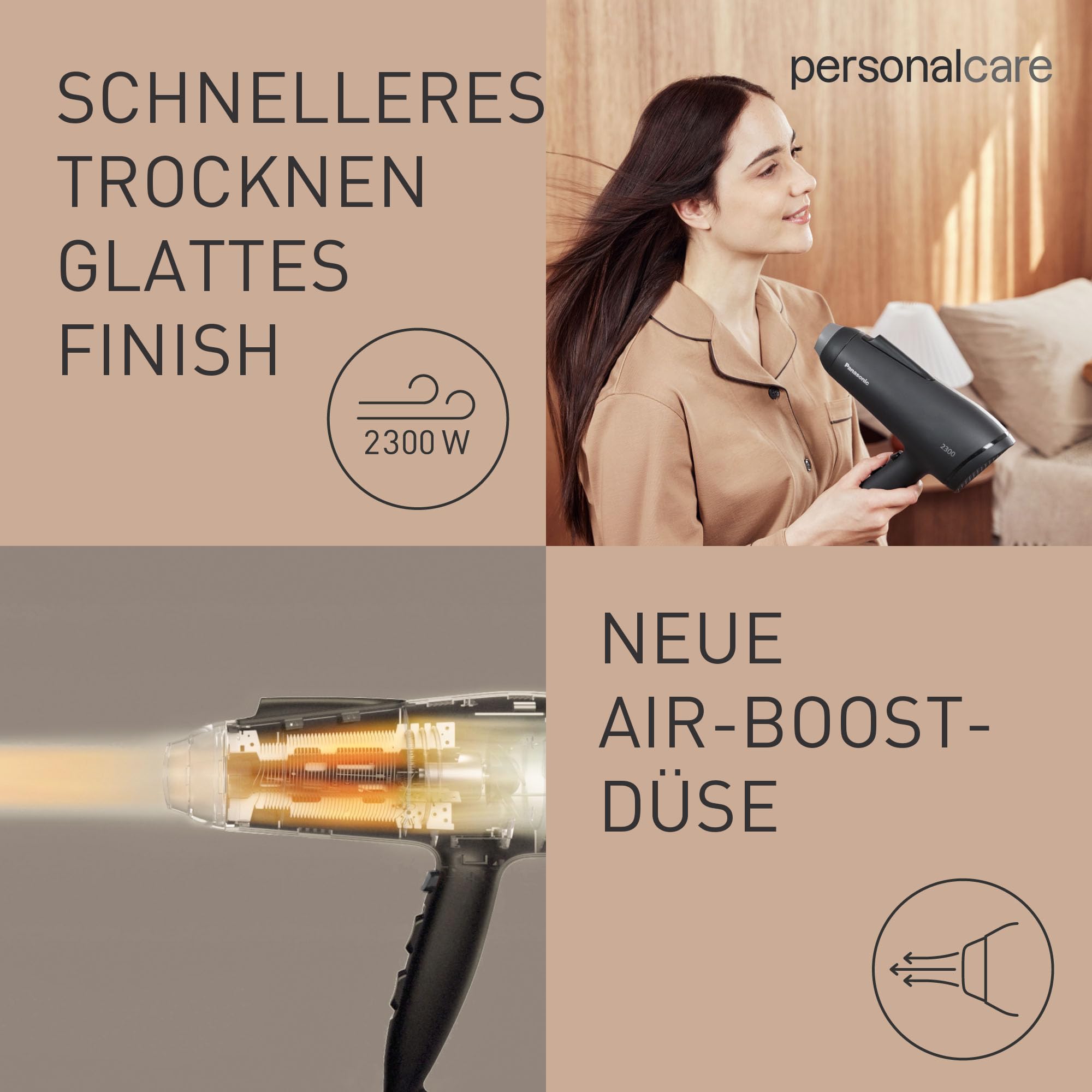 Panasonic EH-NE85-K825 Fast Dry Serie Ionen-Haartrockner mit Air Boost- und Konzentratordüse, Hitzeschutzmodus, Ionentechnologie, 2300 W, leicht zu reinigender Filter, Schwarz