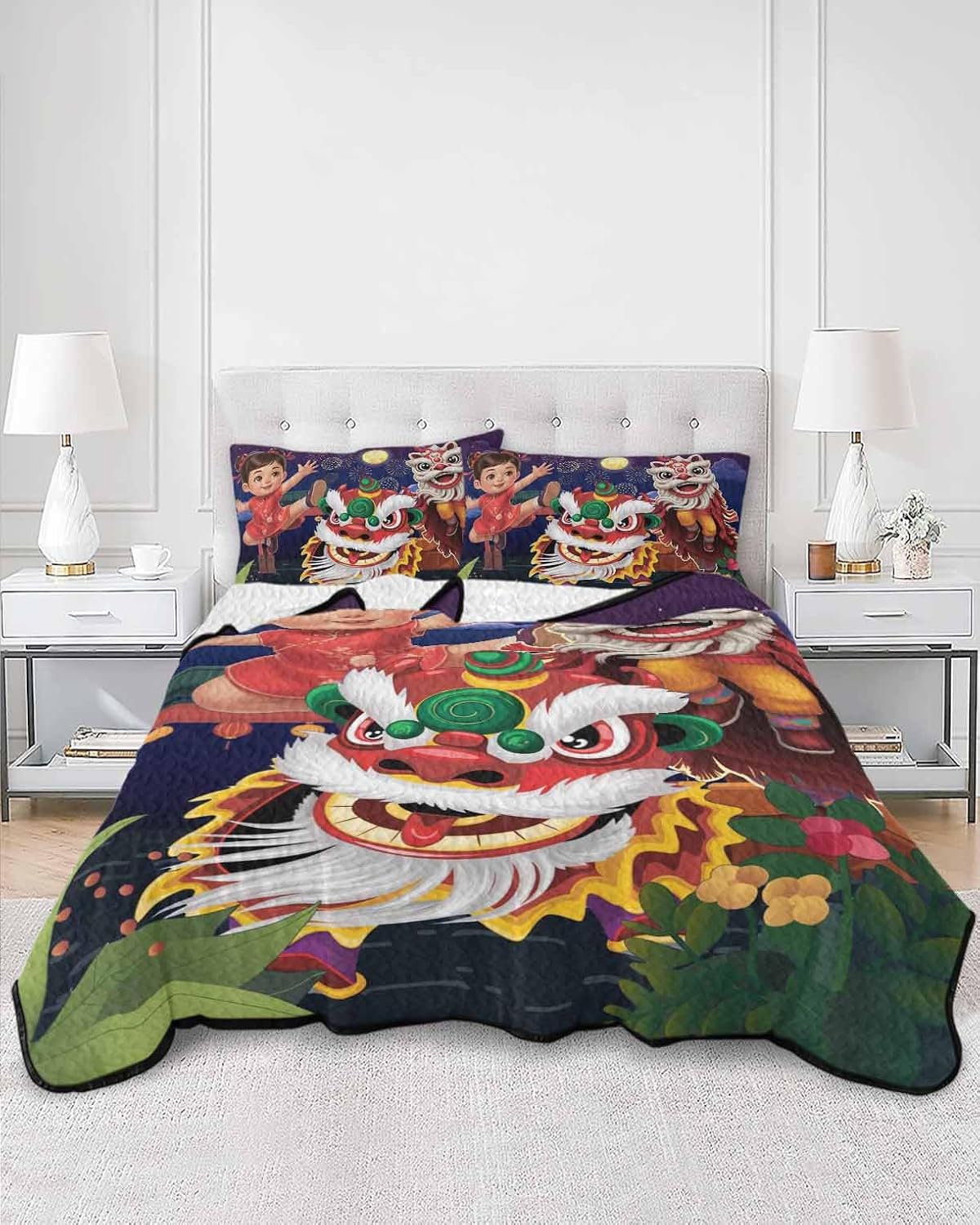 Twin Quilt Sets, Happy New Year Lightweight Bedspreads with 2 Pillow Shams, Cartoon Girl Oriental Dance Lions Fireworks Soft Summer Bed Coverlets 3 Pieces Bedding Set for All Season