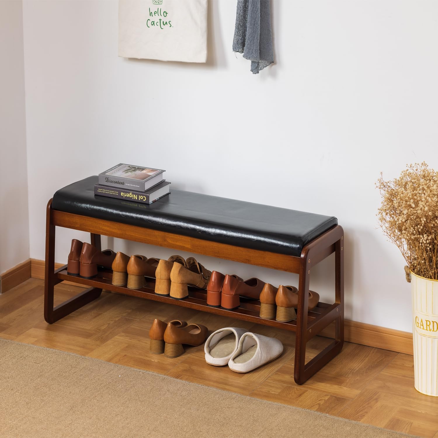 latifolia Solid Wood Bench, Entryway Shoe Bench with Cushion, Flip-Open Storage Compartment, 2-Tier Shoe Organizer(Black,39.70''L) Black 39.37''L