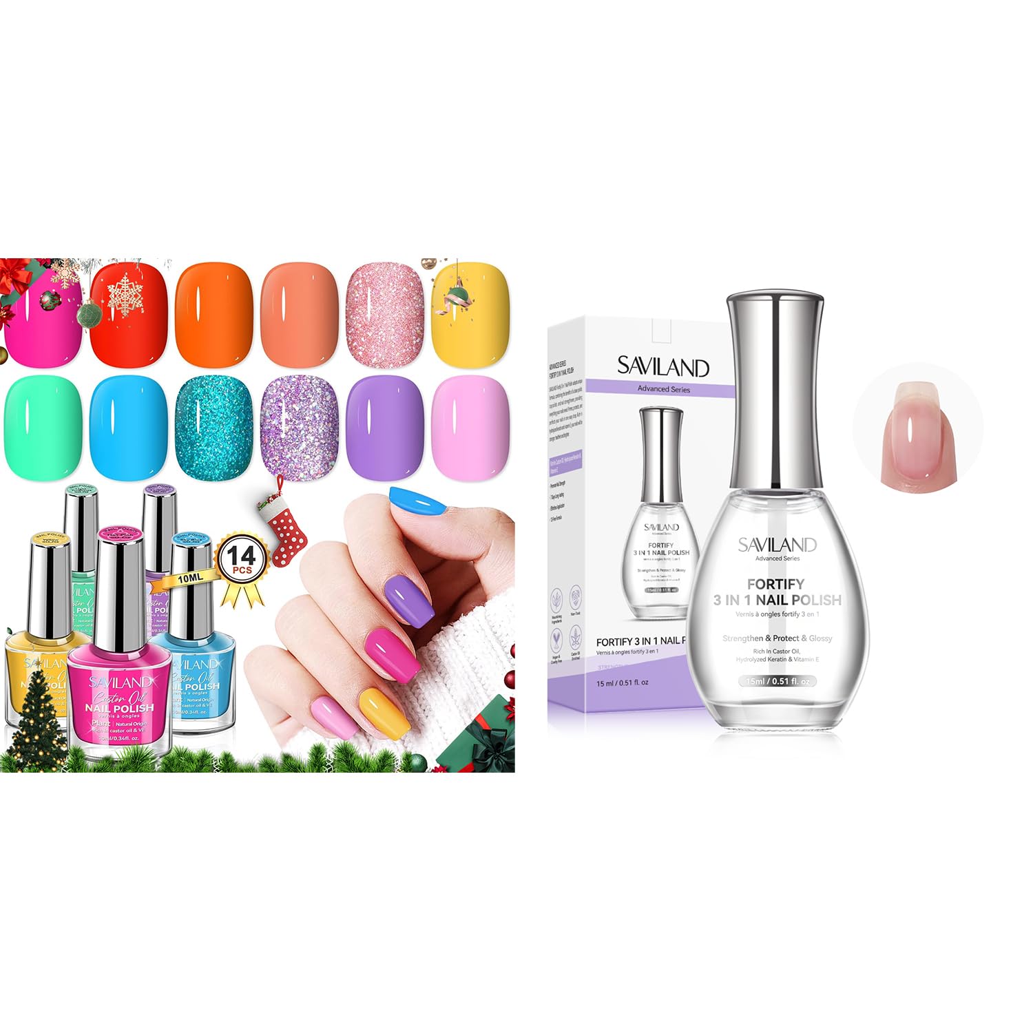 SAVILAND Advanced 3-in-1 Base & Top Coat & Nail Strengthener 15ml & Finger Nail Polish Set for Beginner: 12 Neon Colors