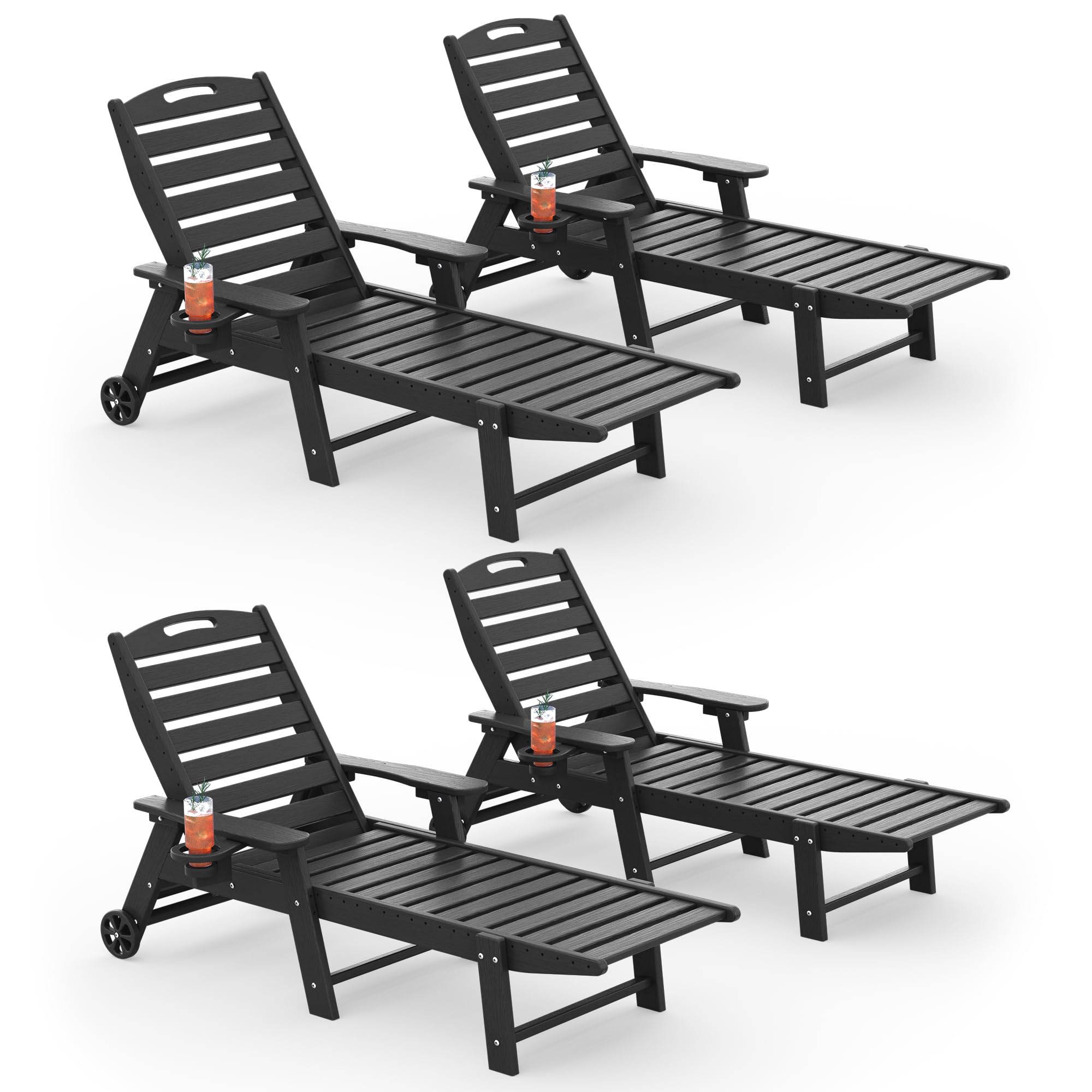 Chaise Lounge Outdoor Set of 4, Lounge Chair Outdoor with Wood Texture, Adjustable 5-Position Backrest, HDPE Lounge Chair with Wheels &amp; Cup Holder for Pool Deck Backyard, Black