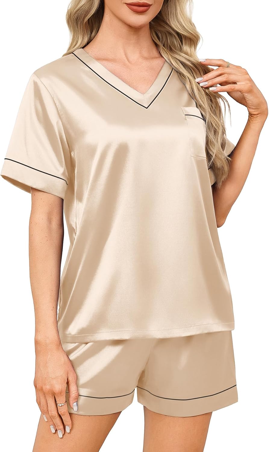 WIHOLL Lounge Sets for Women 2 Piece Summer Resort Wear Short Sleeve Loungewear Satin Pjs Shorts Set - Image 4