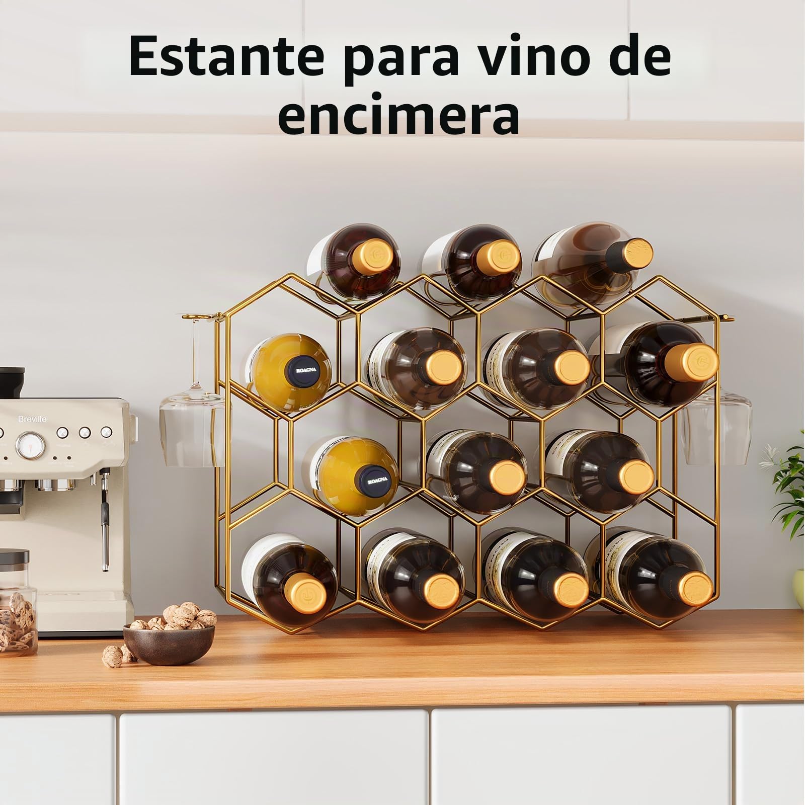 Urban Deco Estante de vino de encimera para 14 botellas, no requiere montaje, soporte moderno para botellas de vino para armario, cocina, bar, despensa, insertos de estante de vino de alambre dorado