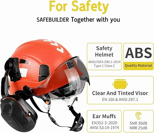 Miniatura 7 de Casco de seguridad industrial con visera orejeras casco duro con visera ventilada, protección para la cabeza de trabajo de construcción, ANSI