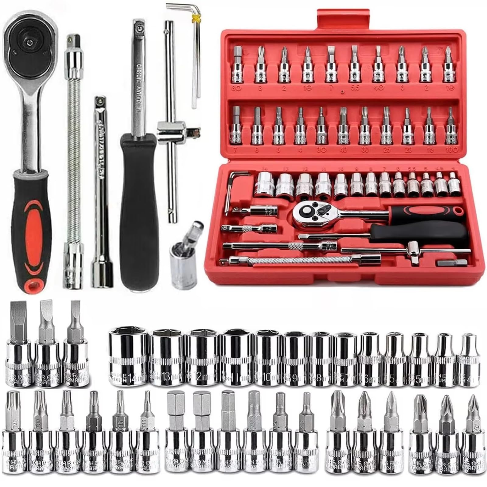 Kit d'outillage mécanique Jeu Clés À Cliquet À Douille D'entraînement 1/4 Pouces 46 Pièces Comprend Un Jeu De Douilles Métriques Et Une Barre D'extension Pour La Réparation Automobile