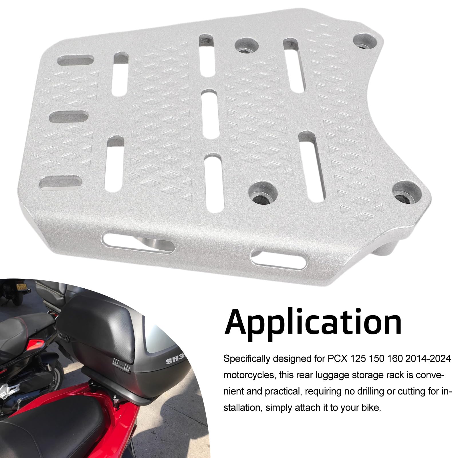 Motorrad-Gepäckträger für PCX 125 150 160 2014–2024, CNC-Aluminiumlegierung für PCX 125 150 160 2014–2024, Hintere Gepäckträger-Halterung, Zusätzlicher Stauraum (Silver)