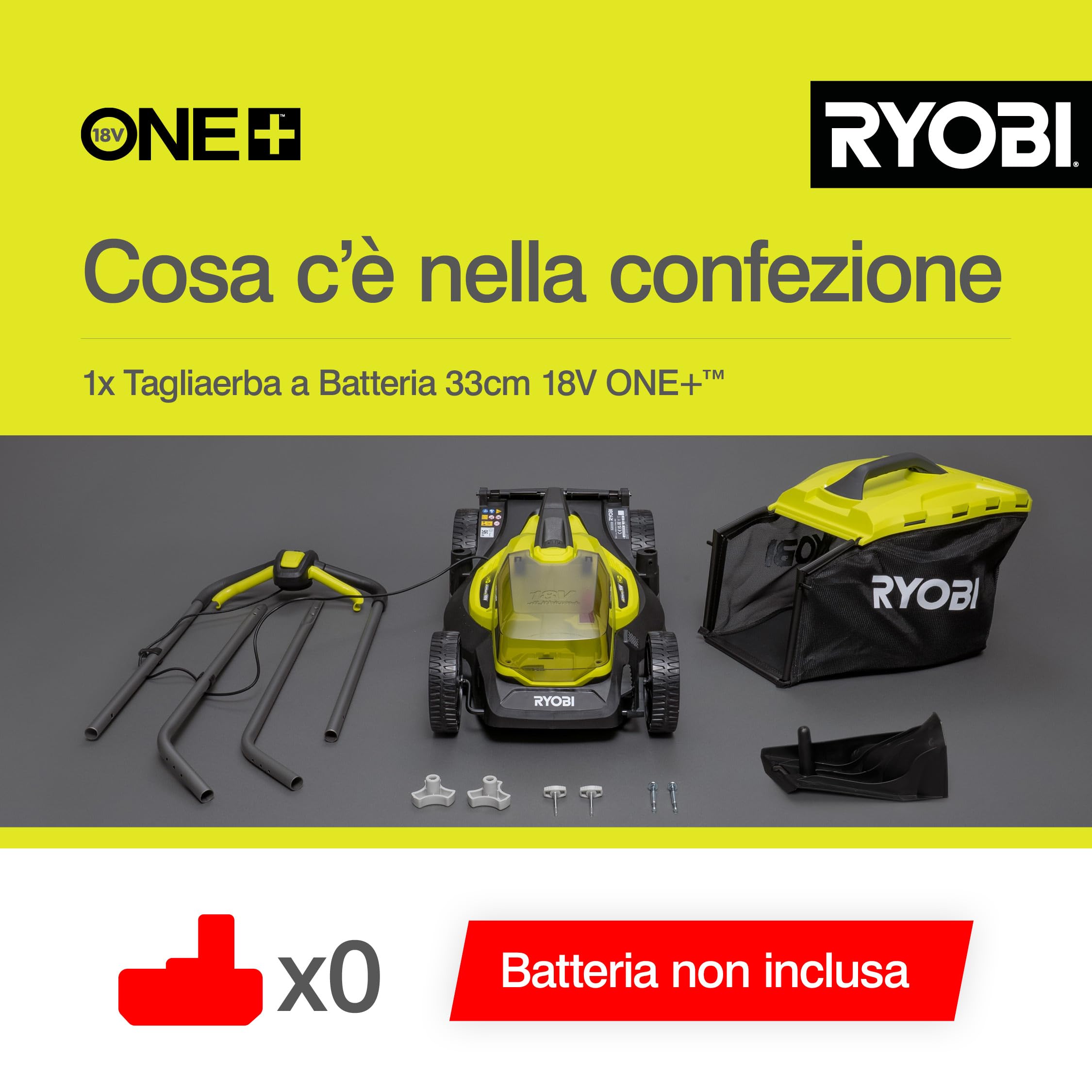 Ryobi OLM1833B Tosaerba a Batteria 18V ONE+, Ripiegabile, per Giardini Fino a 500 m², Batteria Non Inclusa, Taglio 33cm