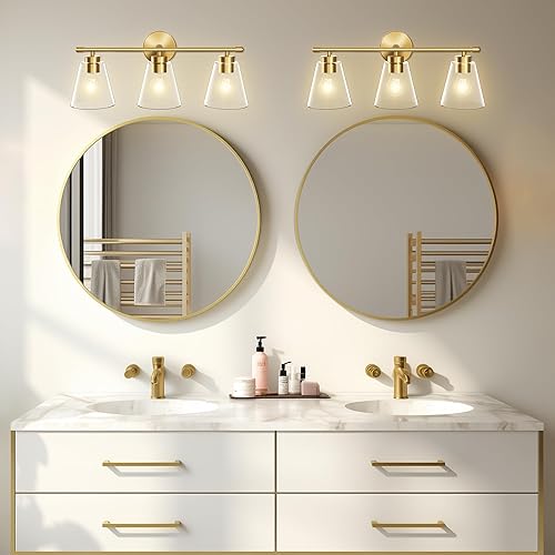Miniatura 3 de Hamilyeah Lámparas doradas para tocador de baño sobre el espejo, 3 luces de tocador de cristal transparente, accesorios de iluminación industriales