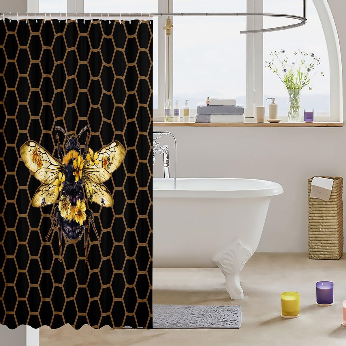 Honeycomb Shower Curtains,Geometric Golden Hexagon Bathroom Curtains for Boys Girls Adults,Bee Flower Wildlife Animal Black Brown Waterproof Bath Curtain,12 Hooks Suits for Bathtub,72" W x 84" L