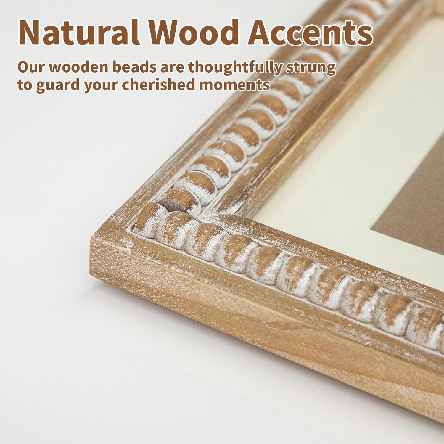 Wooden Beaded 8x10 Picture Frame with Mat, Rustic Farmhouse Solid Wood Photo Frame for 5x7 Photos, Wall or Tabletop Display, Vintage White Distressed Home Decor