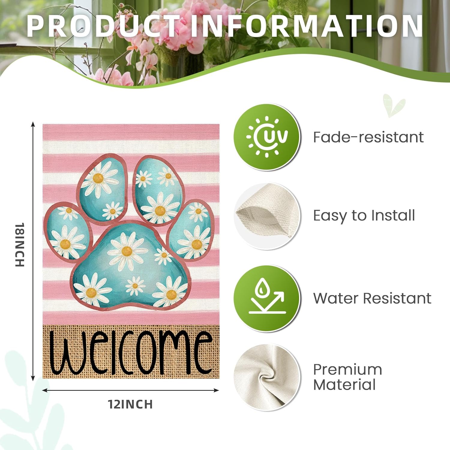 Welcome Spring Garden Flags for Outside, Dog Paw with Daisy Flowers Stripes Yard Decoration, Small Seasonal Outdoor Decor for Summer Farmhouse Holiday,12x18 Inch Double Sided - Image 6